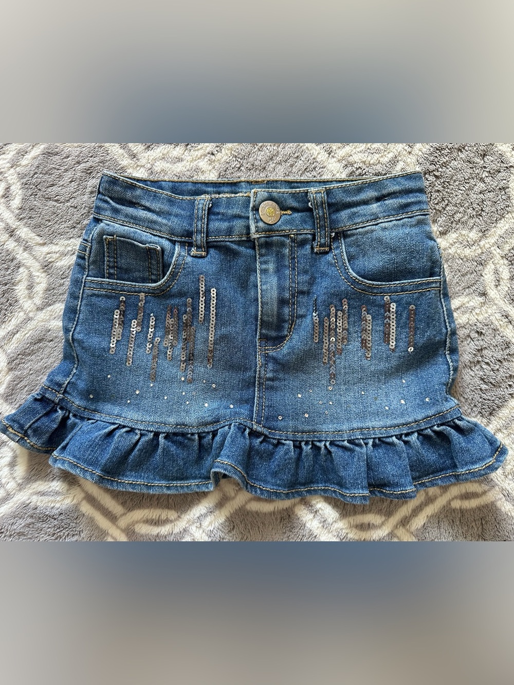 Guess Blue Denim Mini Skirt with Ruffle Hem and Sequins Accents Size 5